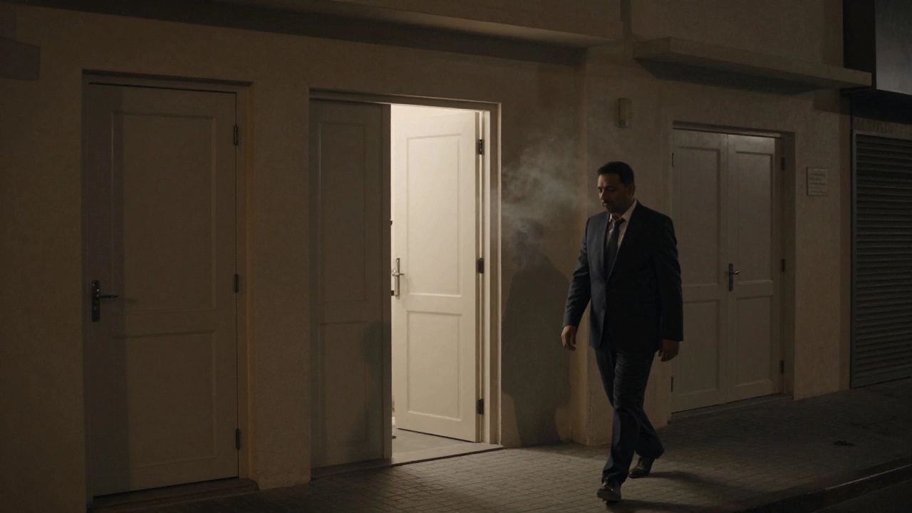 A man walks past unmarked wellness doors in Bur Dubai at night, lit by faint interior glow.