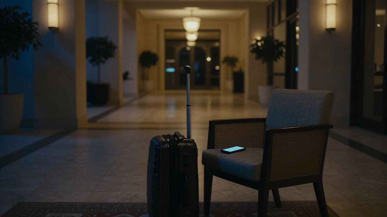 An empty hotel lobby in Cannes at night with a glowing phone on a chair.