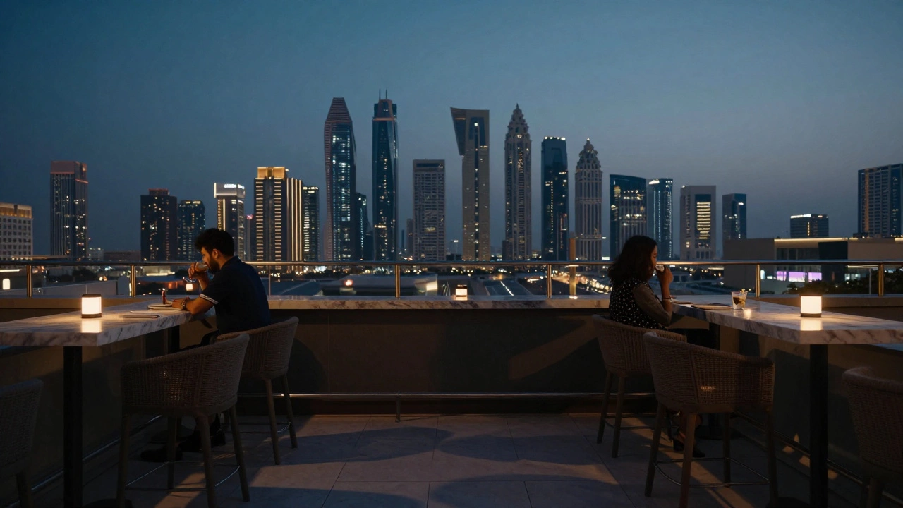 Two people sit in silence on a rooftop bar at dusk, overlooking Dubai’s skyline.